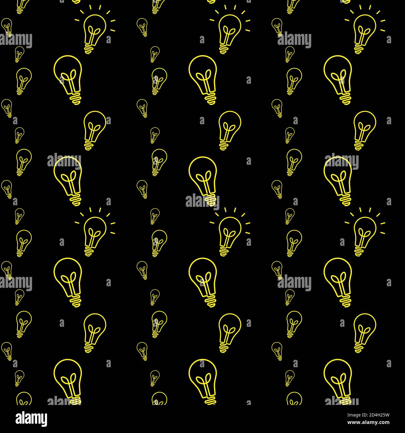 Seamless minimalistic retro light bulb yellow pattern on black background Stock Vector