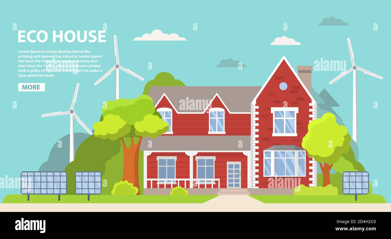 Image showcasing Green energy an eco friendly suburban american house. Solar panel, wind ...