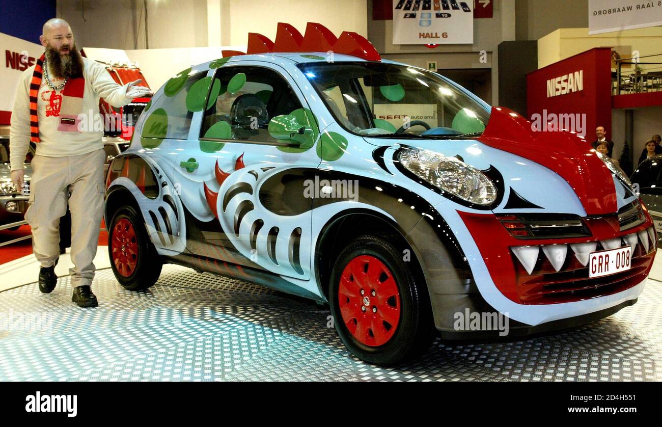 Belgian fashion designer Walter Van Beirendonck launches a customised Nissan  Micra at the Brussels International Auto Show on January 13, 2004. The  benefits of Van Beirendonck's car sale will be donated to