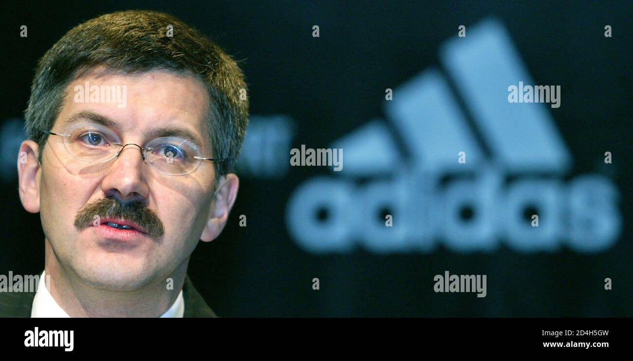 Herbert Hainer, CEO of the world's second-largest sports goods maker Adidas- Salomon AG gives the annual news conference in Herzogenaurach, Germany  March 10, 2004. Adidas-Salomon AG, said on Wednesday orders at the end