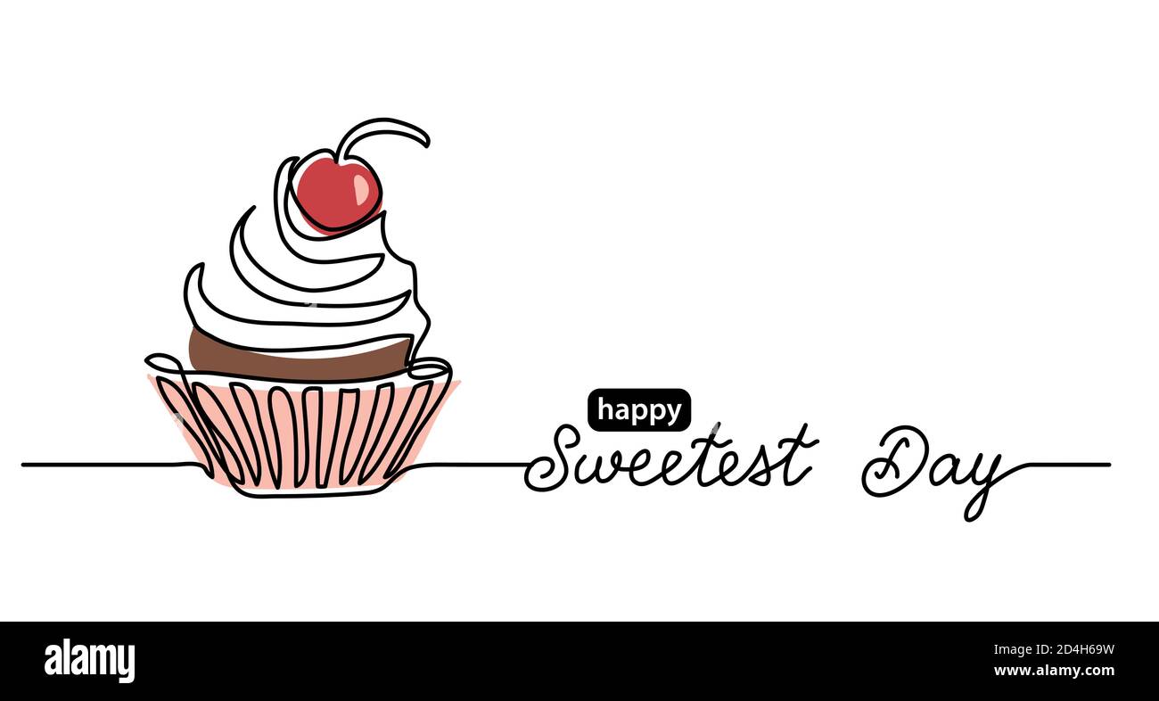 Sweetest day minimalist vector web banner, border, background, poster with cupcake and cherry on top. Single line art colorful illustration with Stock Vector