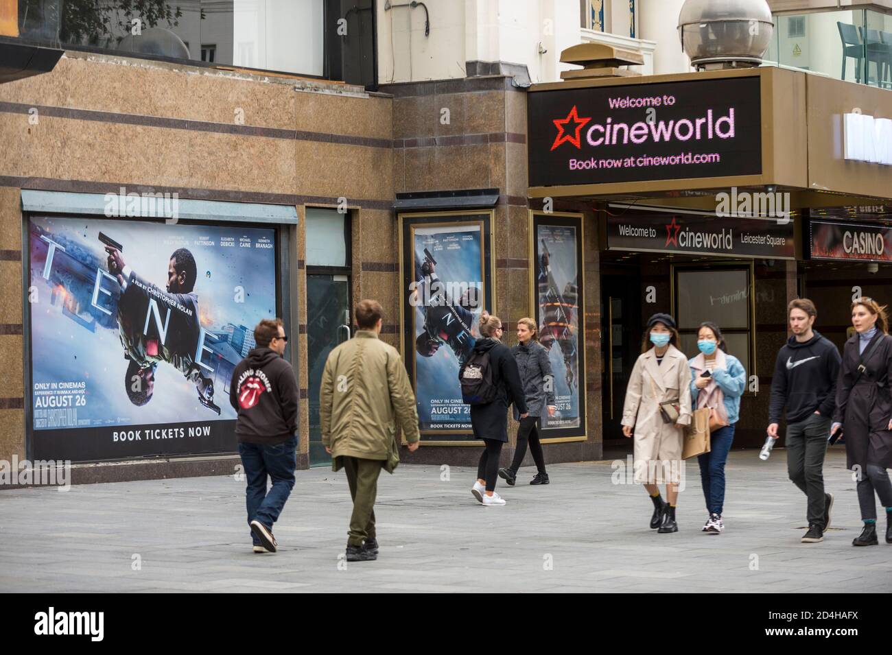 London, UK,  9 October 2020.  The exterior of the Cineworld cinema in Leicester Square.  The chain has recently announced the closing of 127 sites across the UK after the release date of the new James Bond film, No Time To Die, was delayed until spring 2021.  Property landlord AEW UK is pursuing legal action against Cineworld over £200,000 unpaid rents even though the chain has been forced to close cinemas due to the coronavirus pandemic and also as movie studios delay releases to the future.  It is reported that CVA (compulsory voluntary arrangements) may become likely.  Credit: Stephen Chung Stock Photo