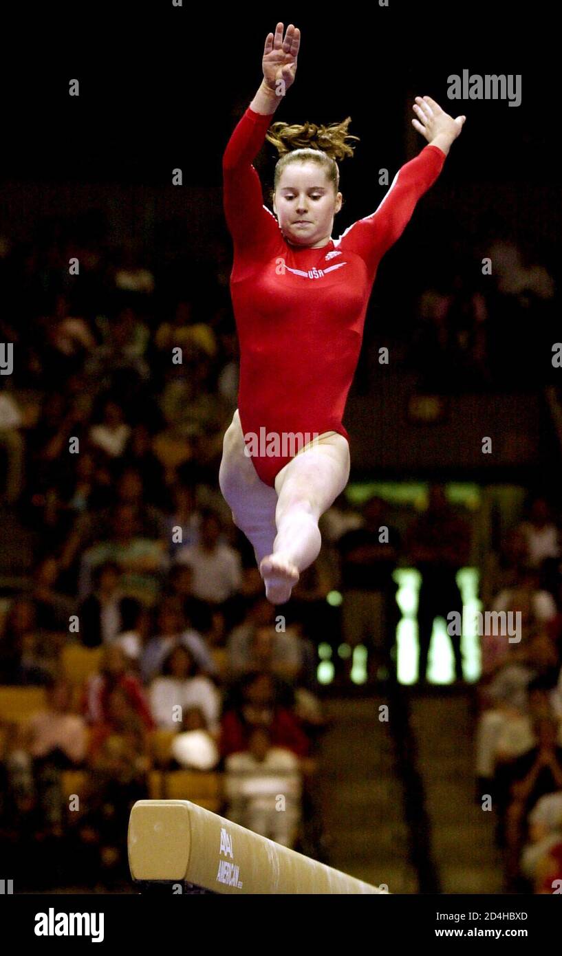 American gymnast Elise Ray leaps through the air during her routine on