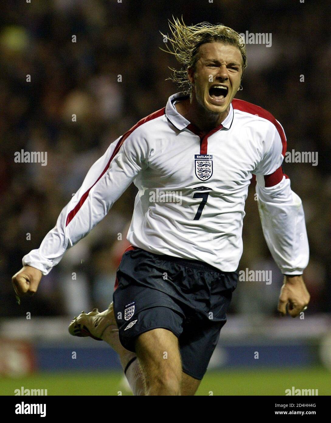 England's David Beckham celebrates his goal against [Turkey] in their  European Championship group seven qualifier match at the Stadium of Light  in Sunderland, England, April 2, 2003. Engand won the match 2-0