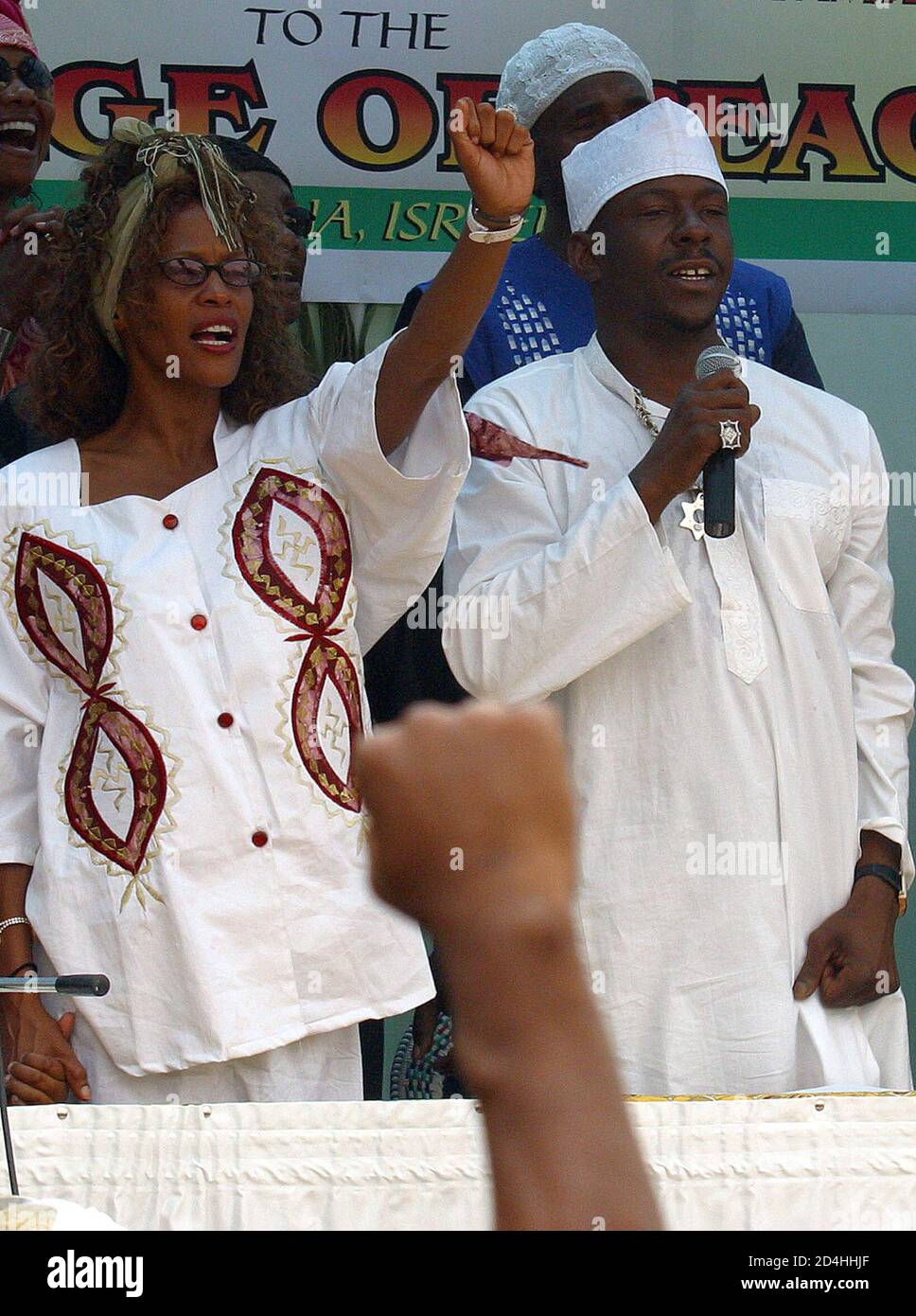 U S Singer Whitney Houston And Husband Rhythm And Blues Singer Bobby Brown R Are Welcomed By The Black Hebrews An African American Community During A Visit To The Southern Israeli Desert Town Of