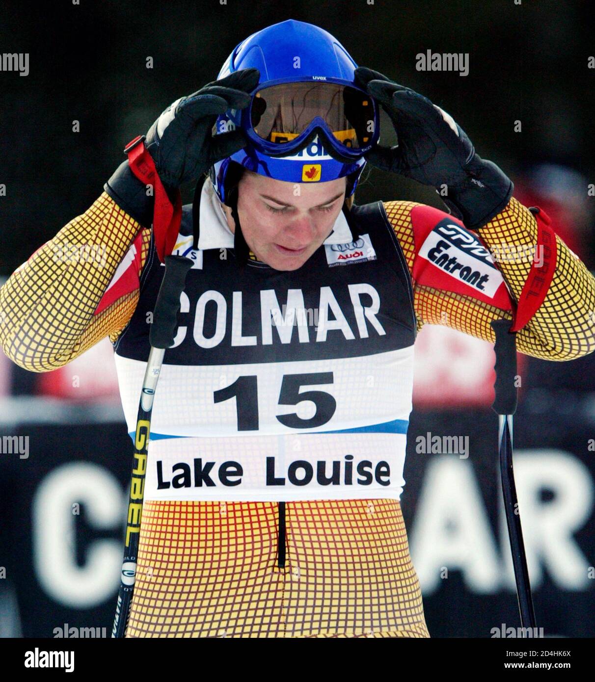 Canadian skier Emily Brydon takes off her goggles after a poor time leaving  her in 17th position at the World Cup Women's Super G in Lake Louise,  Alberta December 7, 2003. Brydon