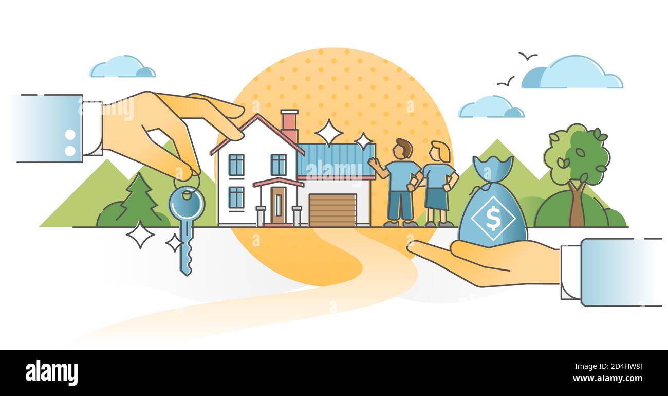 Mortgage home purchase with money and key exchange process outline concept. Couple property