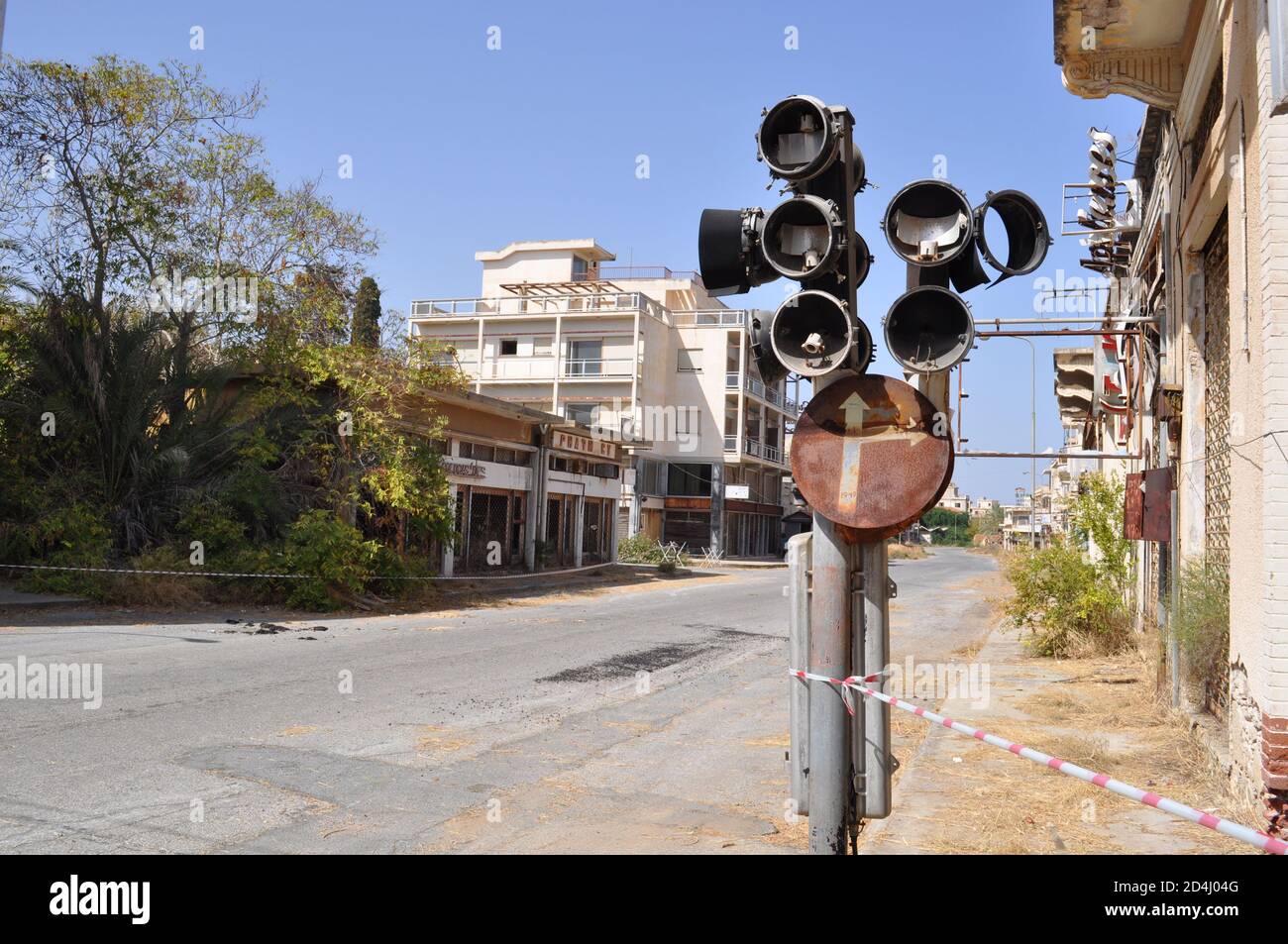 Famagusta, North Cyprus. 8th Oct, 2020. This picture taken on October 8, 2020, shows broken traffic lights and derelict buildings in the abandoned seaside resort of in the Turkish Republic of