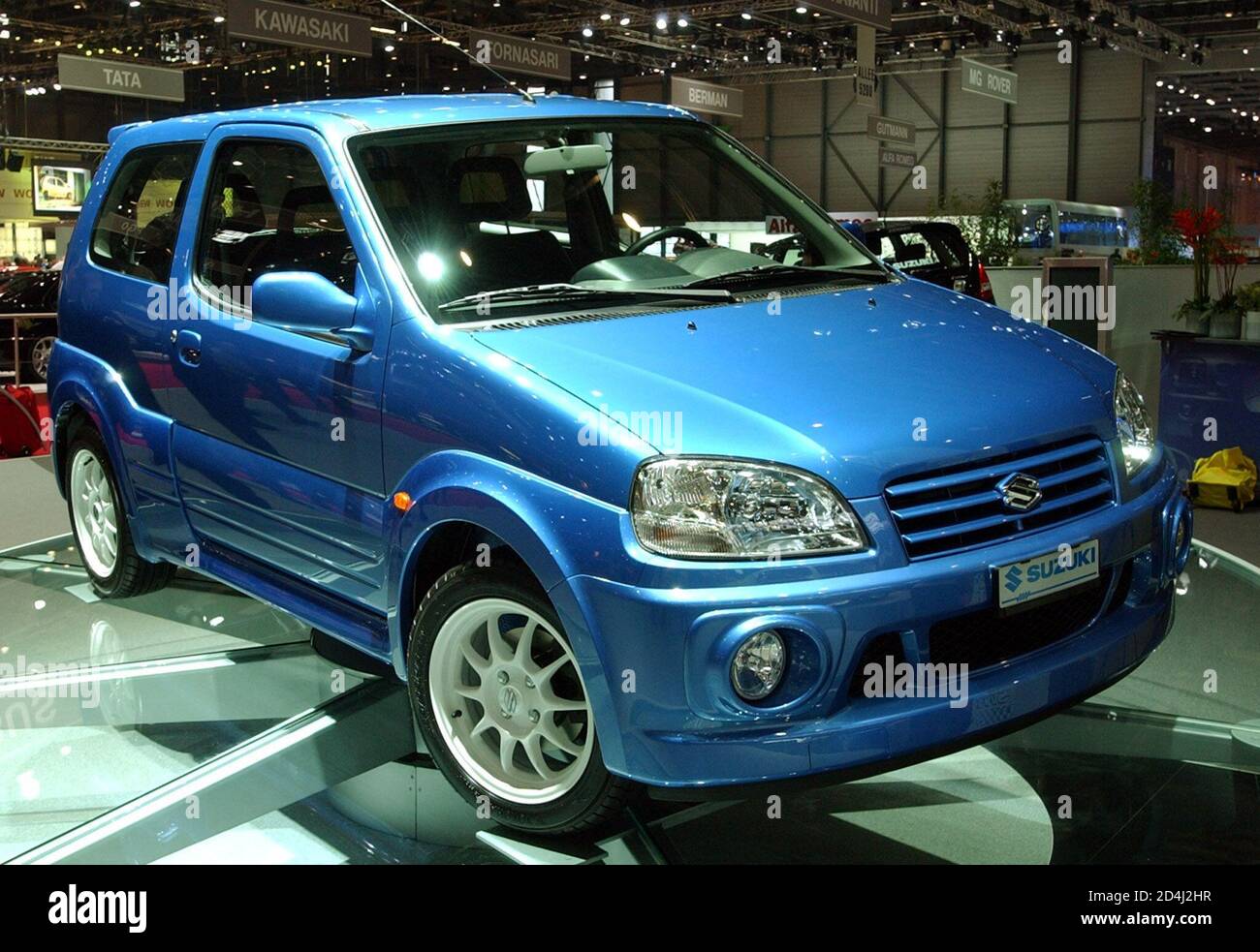 The new Suzuki Ignis Sport is seen on display as a first world presentation  at the Geneva car show in Geneva, Switzerland, March 4, 2003. The car is  based on the Suzuki