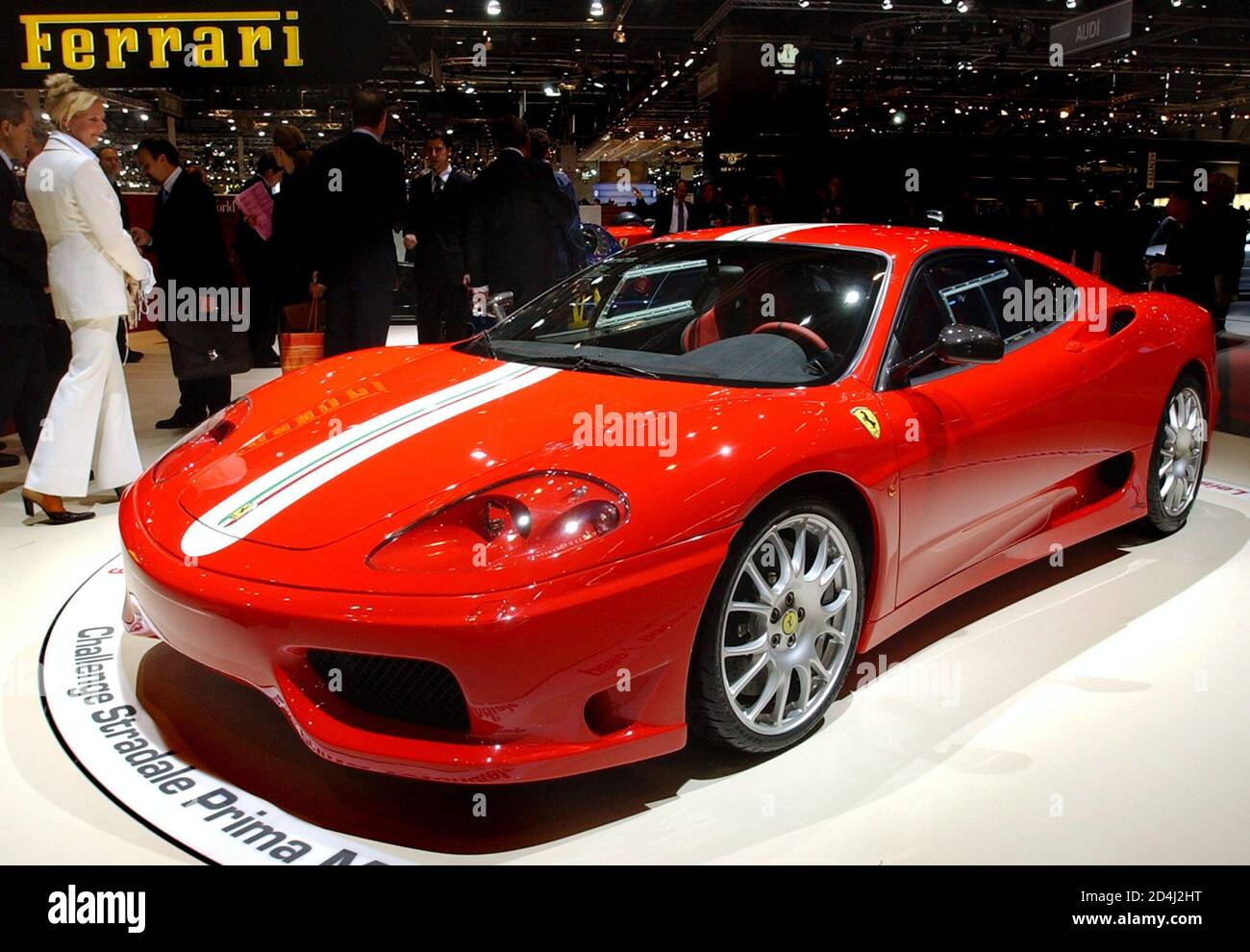 The new Ferrari 360 Challenge Stradale is seen on display as a first world  presentation at the Geneva car show in Geneva, Switzerland, March 4, 2003.  The car comes equipped with a