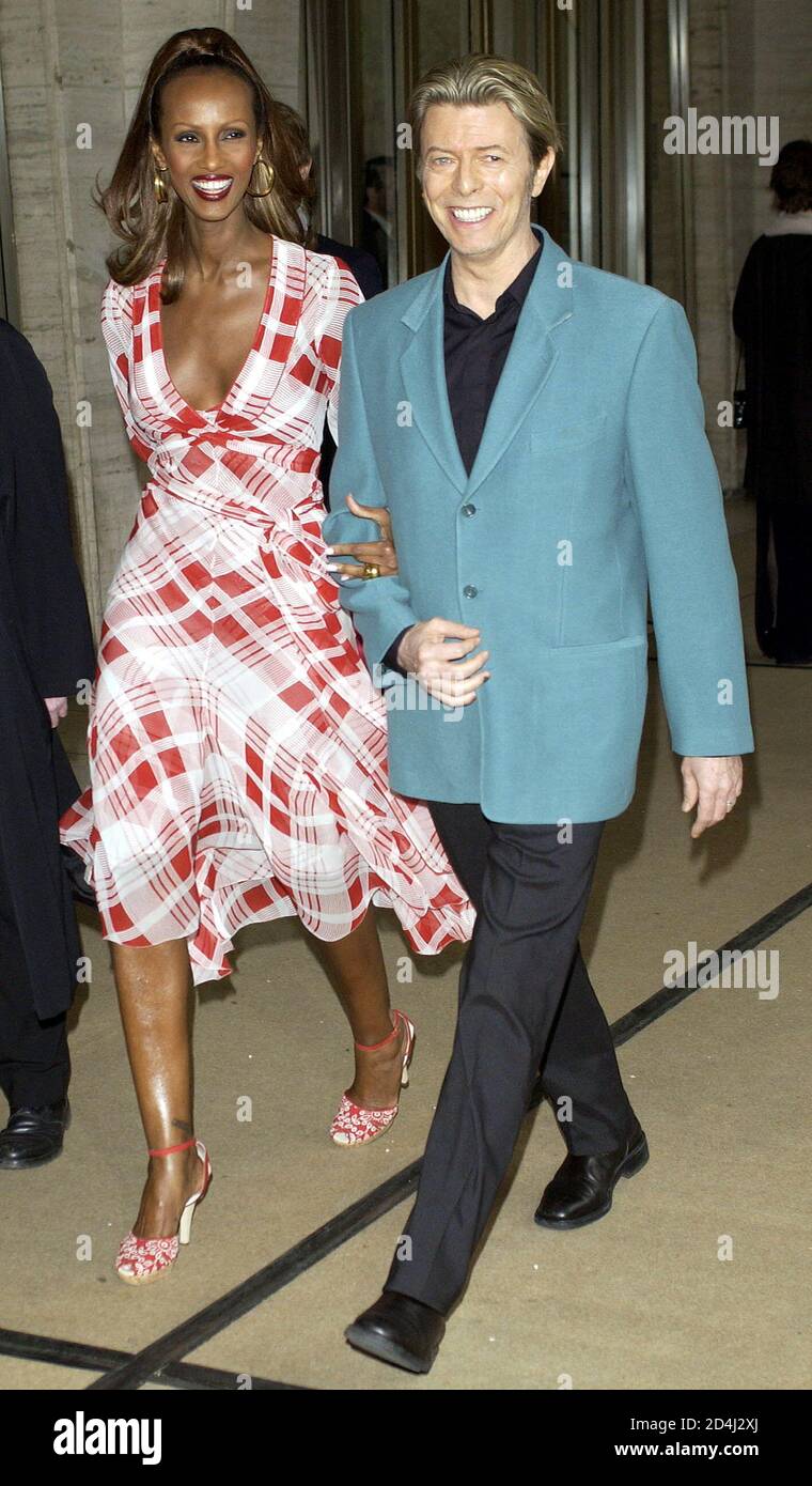 Model Iman and singer David Bowie arrive at the Film Society of Lincoln  Center Gala Tribute to [Susan Sarandon] in New York on May 5, 2003. The  annual event honors actors and