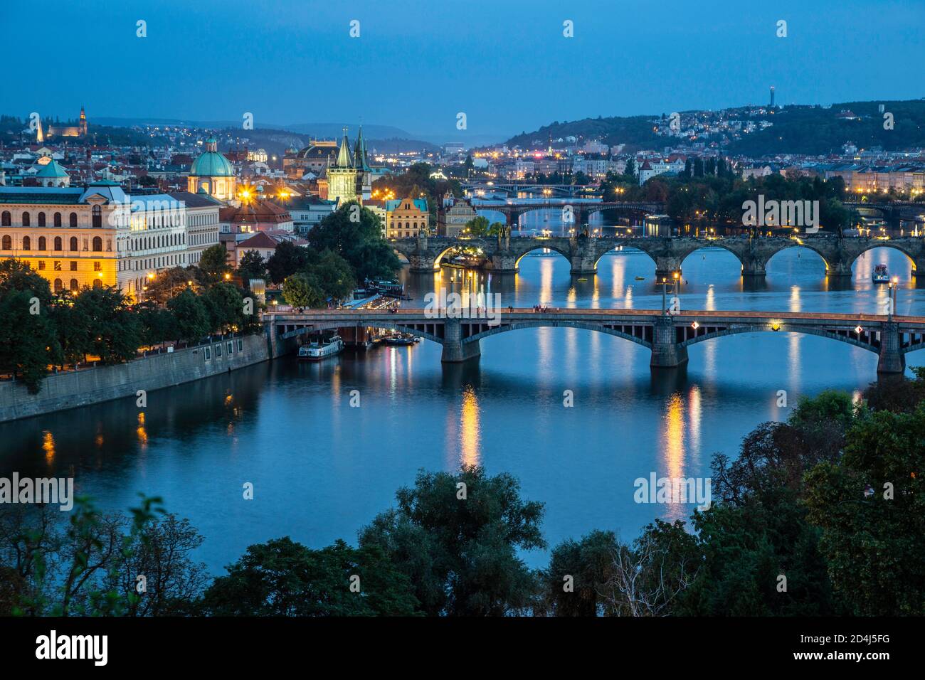 Bridges over Vltava (Moldau) River from Letenske Park, Prague, Czech Republic Stock Photo