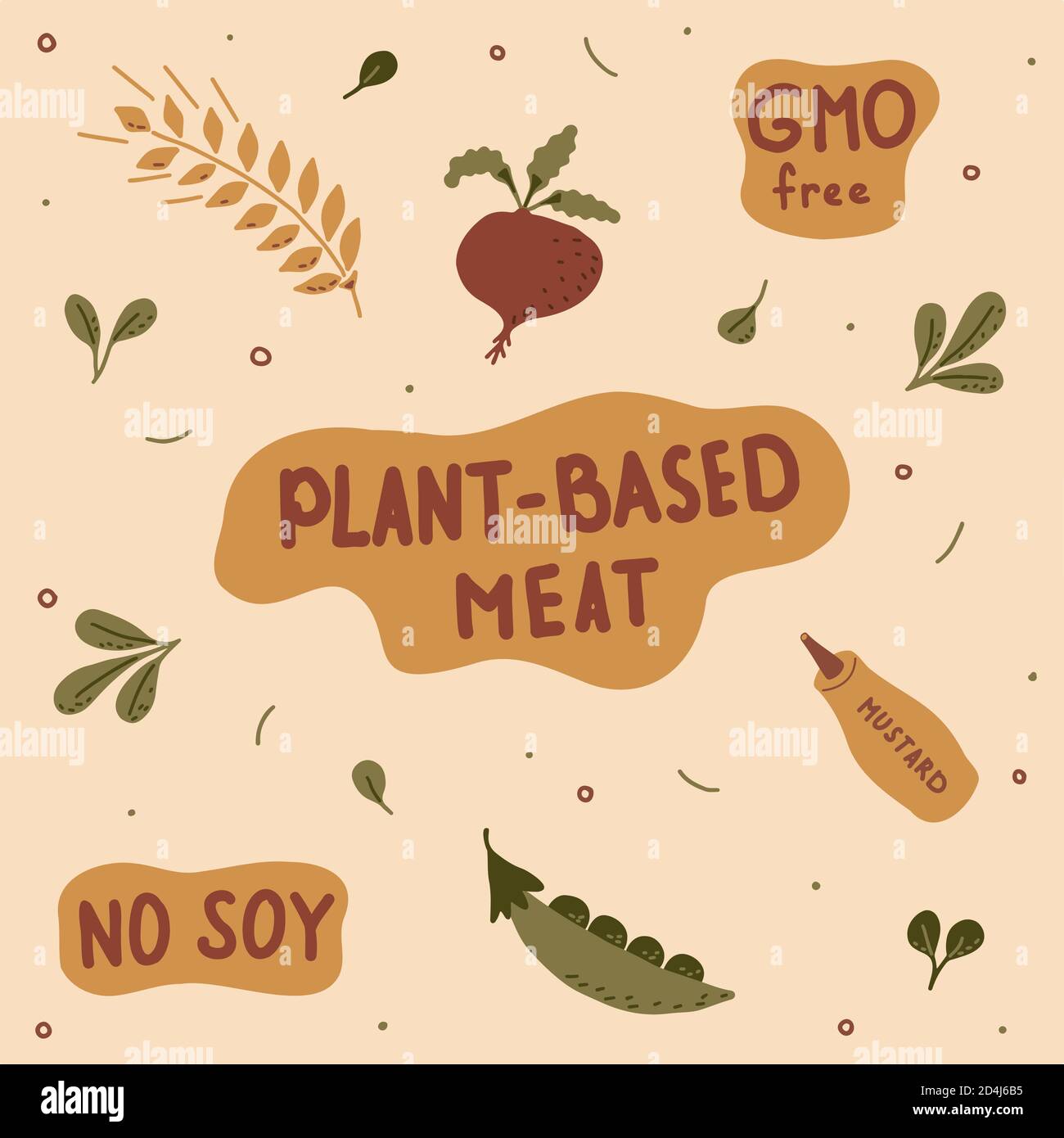 Set of hand-drawn lettering and green plants with the ingredients of plant-based meat. Vector illustration.  Stock Vector
