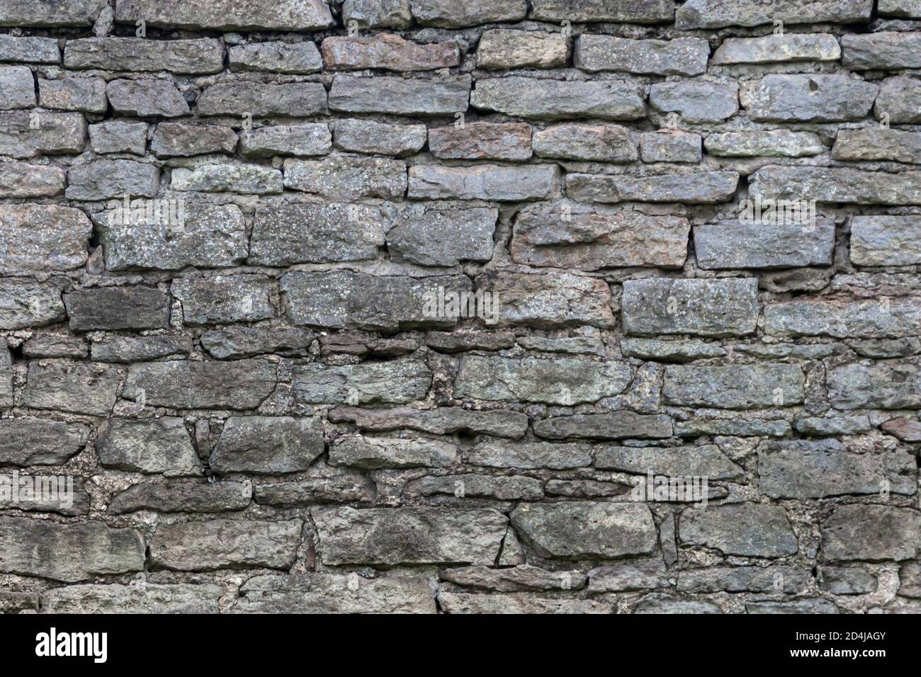 The surface of an old stone wall, masonry of uneven wild hewn stones. Stock Photo