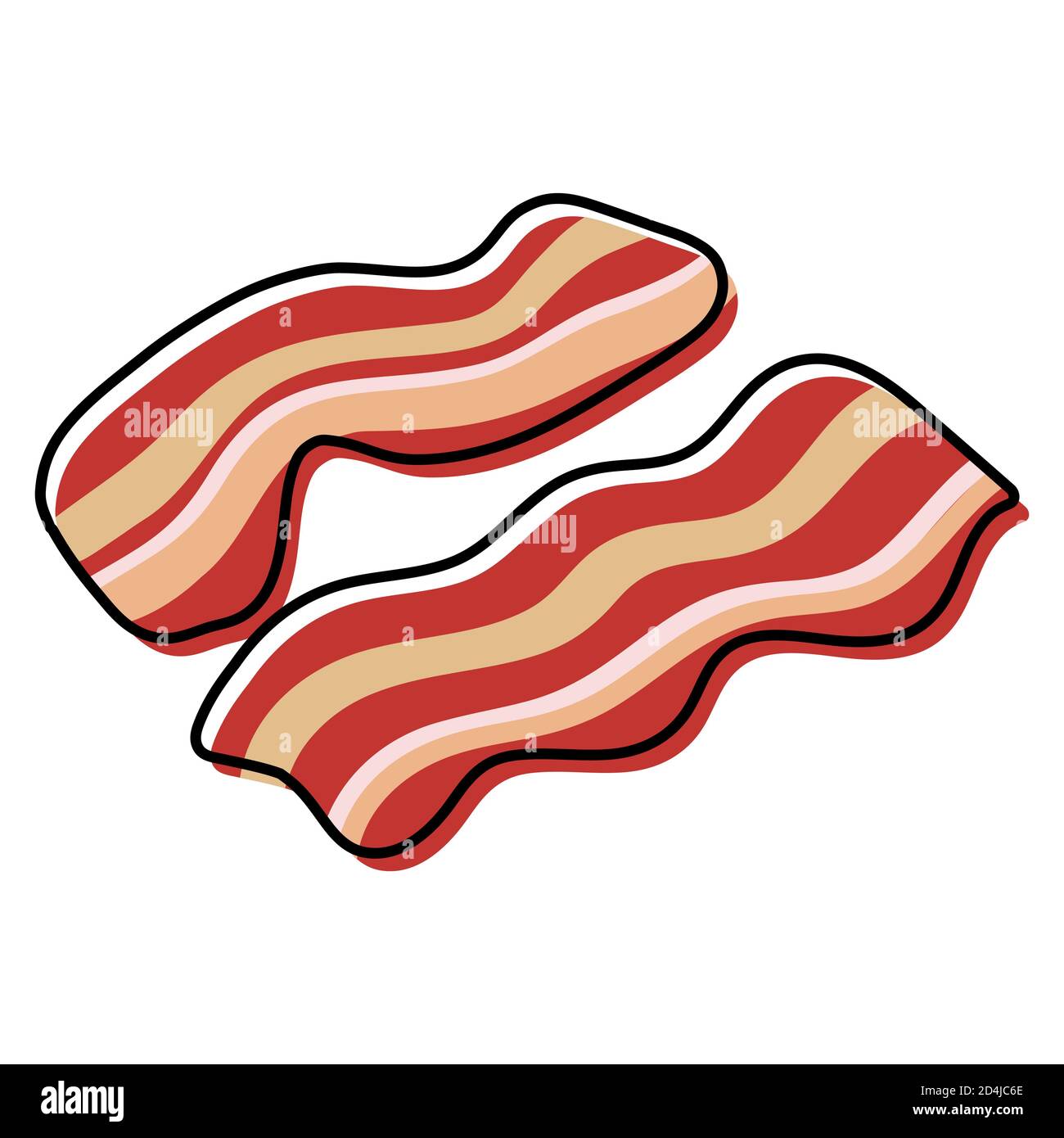 Two slices of wavy bacon on white background. Cartoony bacon strips roasted. Simplified, outline color filled vector illustration, isolated Stock Vector
