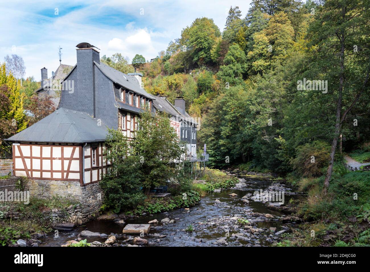 Half-timbered house on the Rur in Monschau Stock Photo