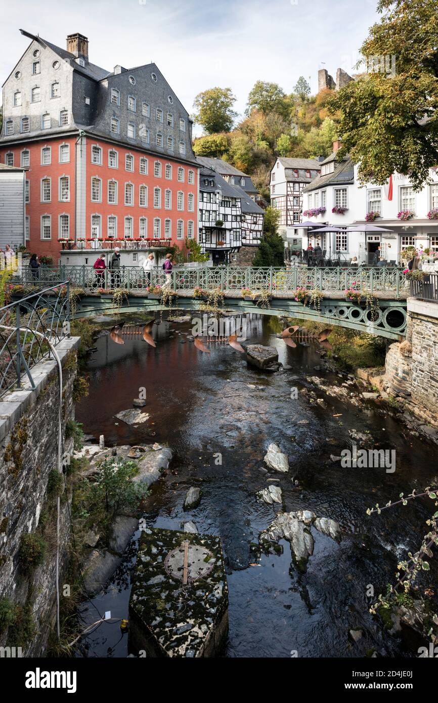 Historic old town Monschau with the famous Red House and the fortifications on the Rur Stock Photo