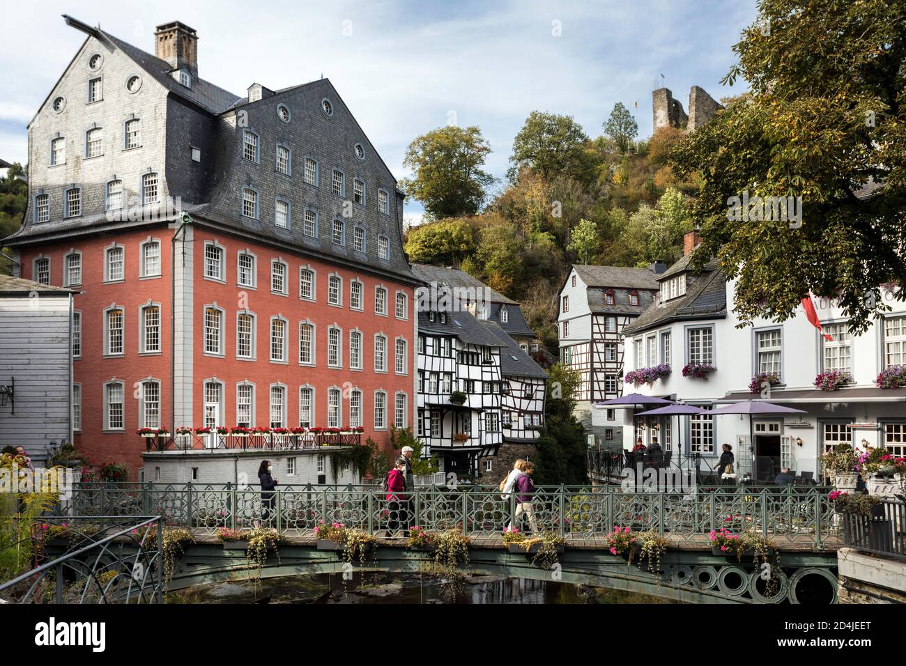 Historic old town Monschau with the famous Red House and the fortifications on the Rur Stock Photo