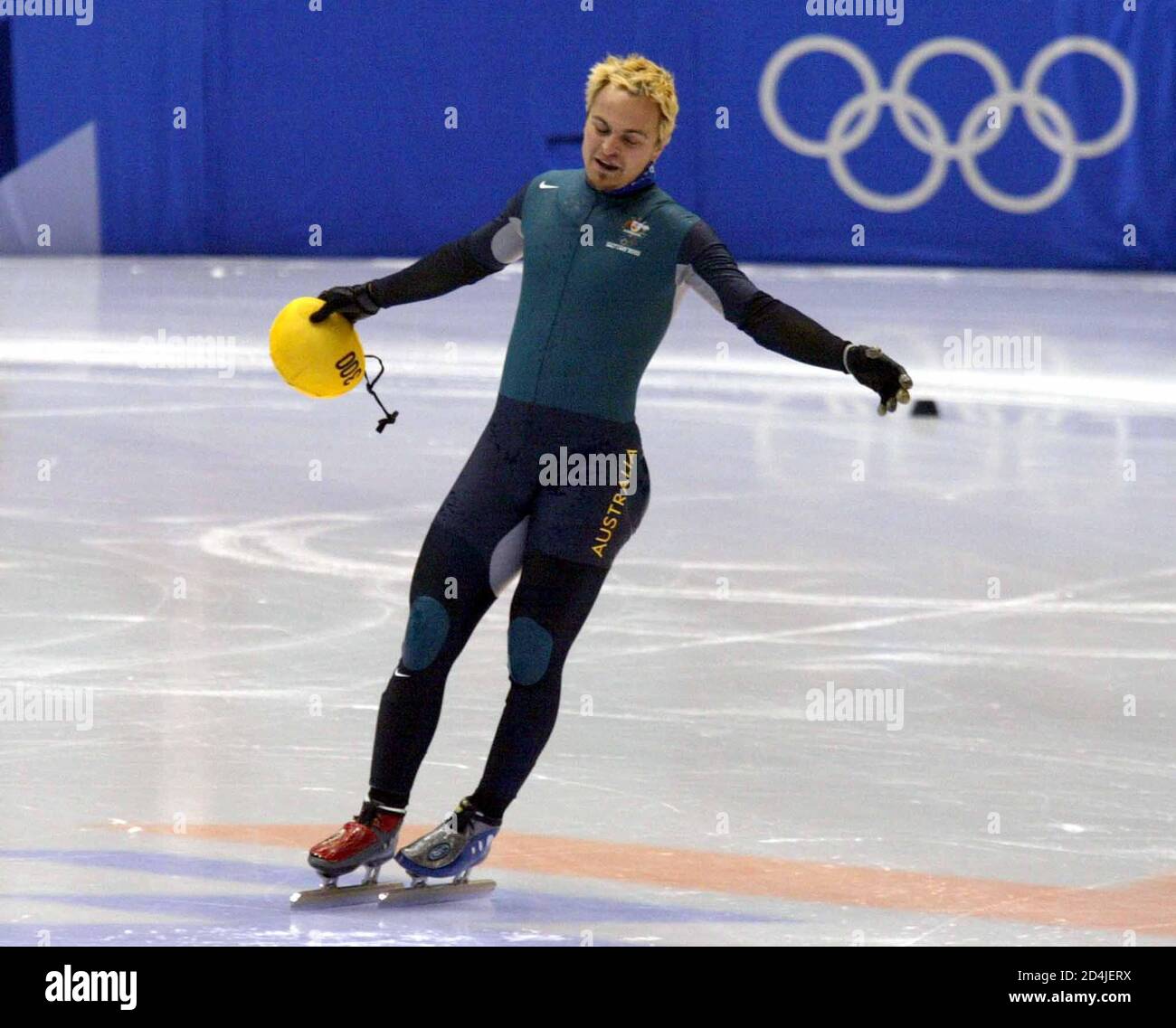 Steven of Australia celebrates his gold medal finish after the men's 1000m short track final during the Salt Lake 2002 Olympic Winter Games, February 16, 2002. Bradbury won Australia's first-ever gold