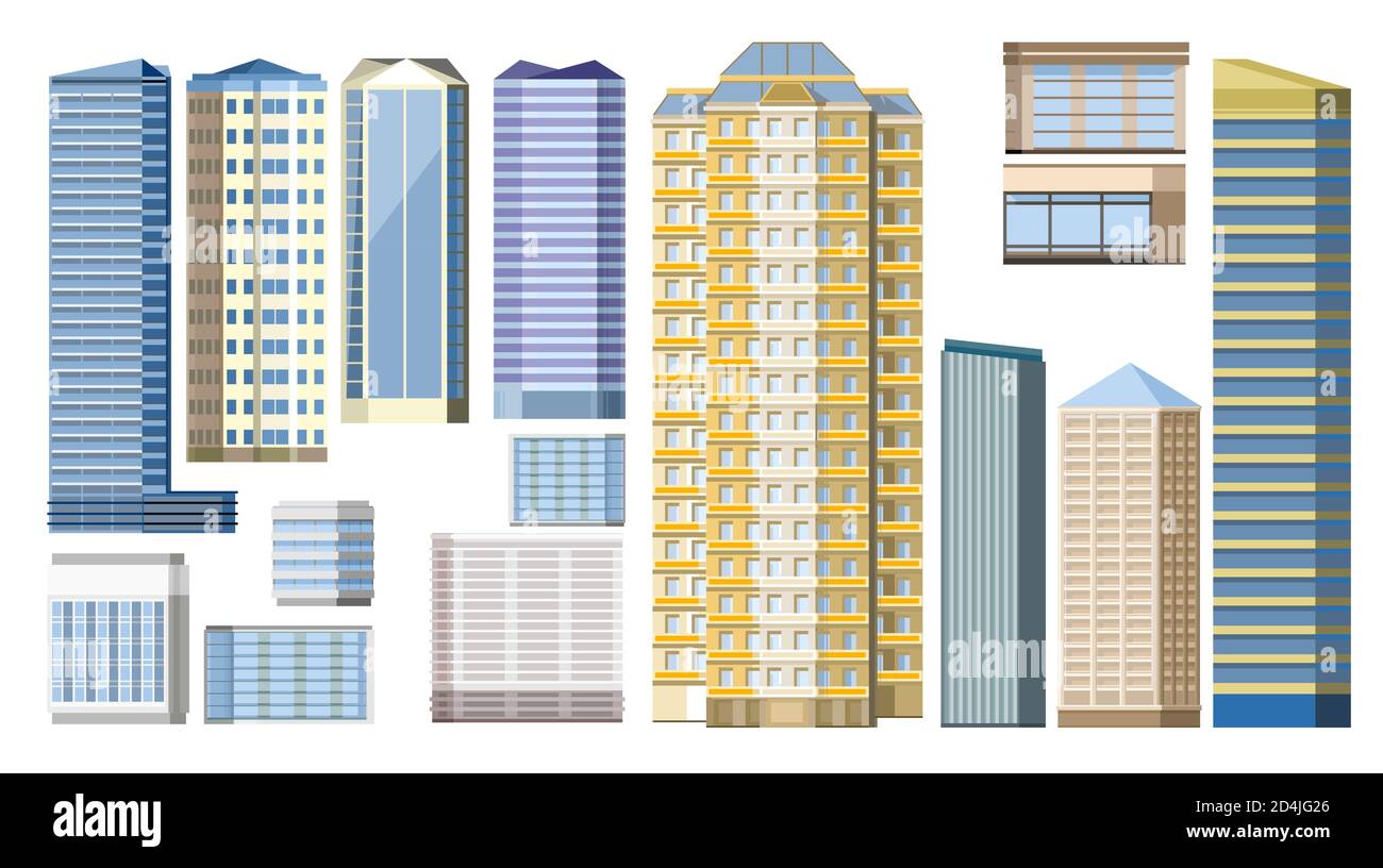 City buildings. Set. Isolated vector. Residential multi-storey apartment buildings. Office centers. Town. Supermarkets, hotels. kit of 14 designs. Stock Photo