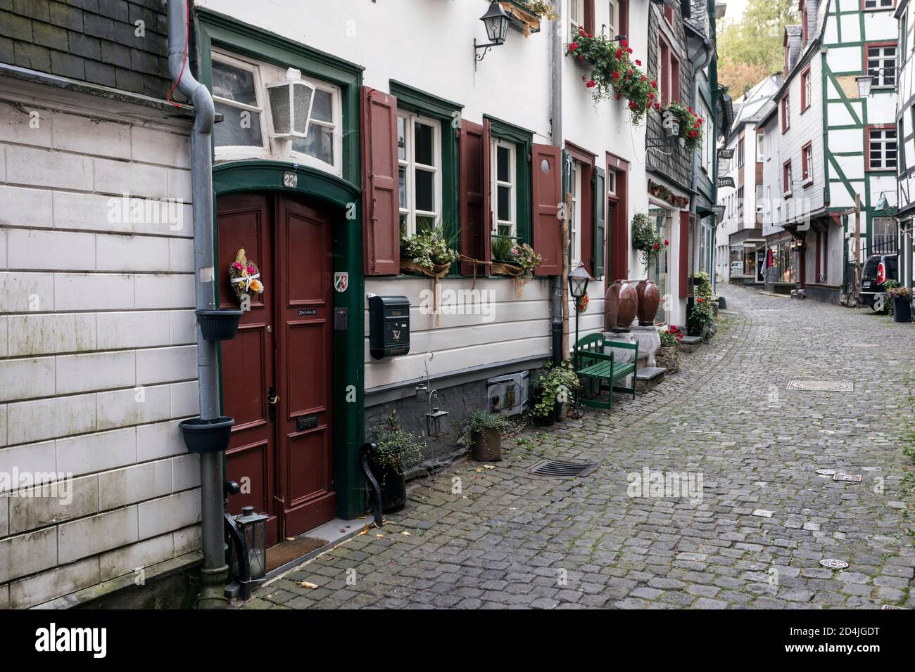 Narrow streets characterize the historic old town of Monschau Stock Photo