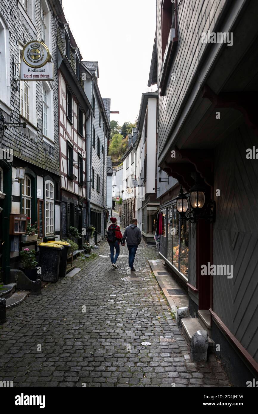 Narrow streets characterize the historic old town of Monschau Stock Photo