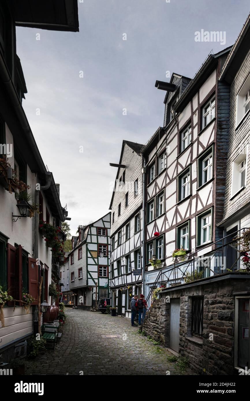 Narrow streets characterize the historic old town of Monschau Stock Photo