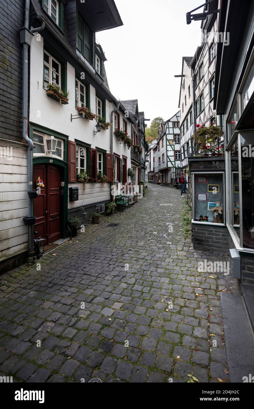 Narrow streets characterize the historic old town of Monschau Stock Photo