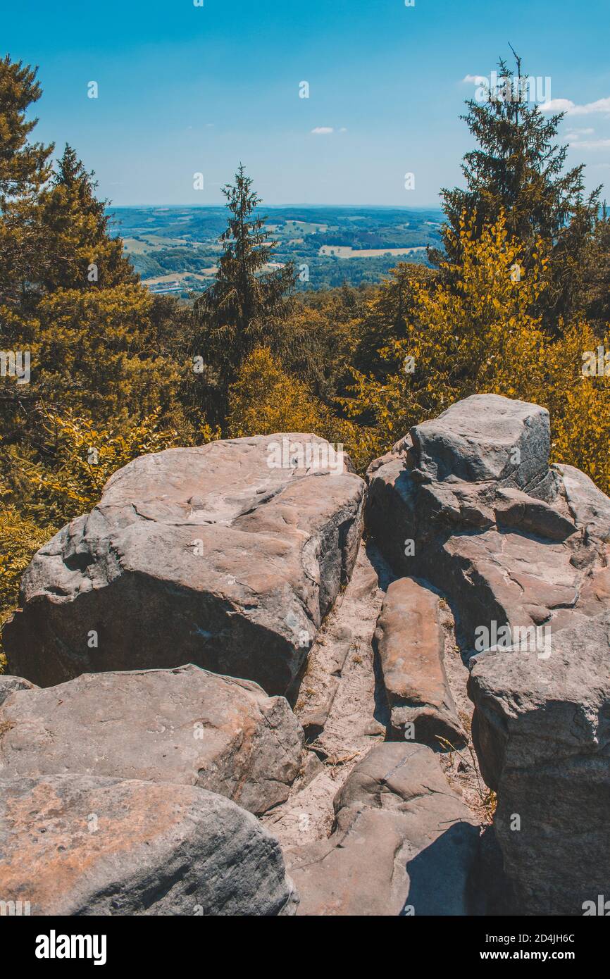 Lippe Velmerstot with memorial at Teutoburg Forest. Velmerstot hill top and view over landscape of Teutoburg Forest / Egge Hills Nature Park. North Rh Stock Photo