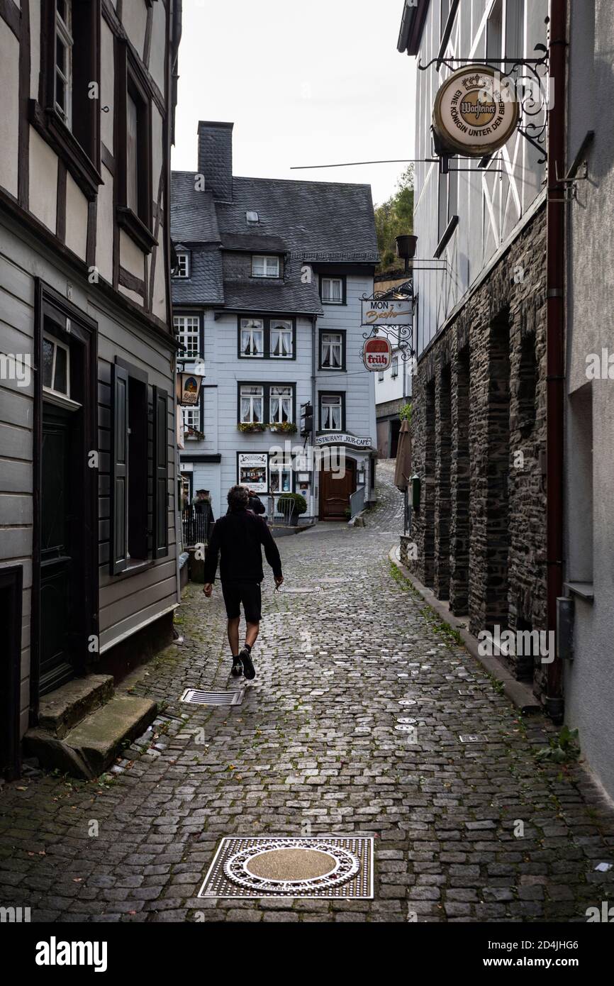 Narrow streets characterize the historic old town of Monschau Stock Photo