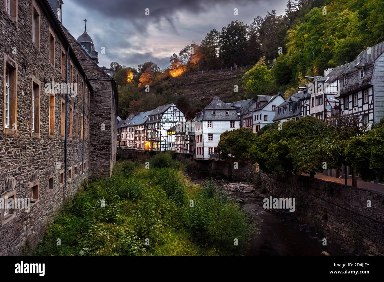 The Rur flows through the historic old town of Monschau Stock Photo