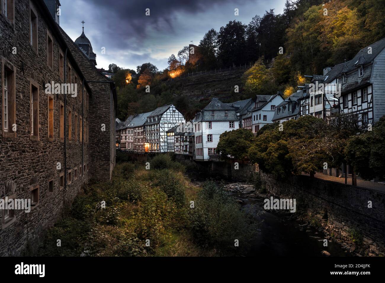 The Rur flows through the historic old town of Monschau Stock Photo