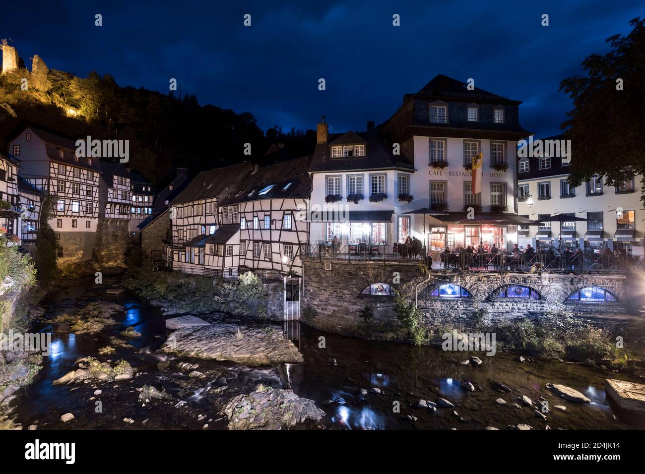 The Rur flows through the historic old town of Monschau Stock Photo
