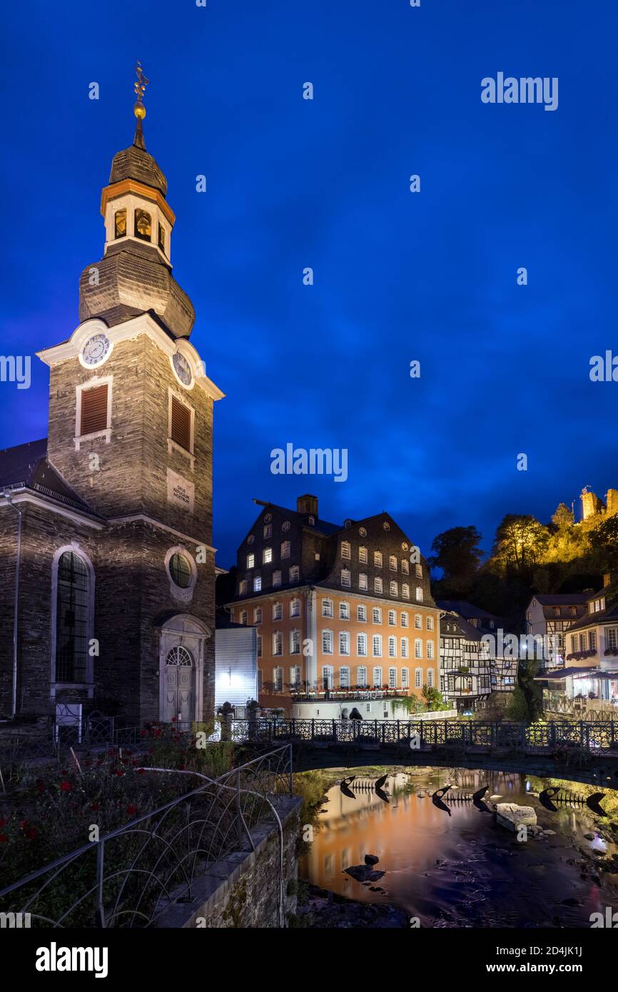 Historic old town Monschau, Red House and Evangelical City Church Stock Photo