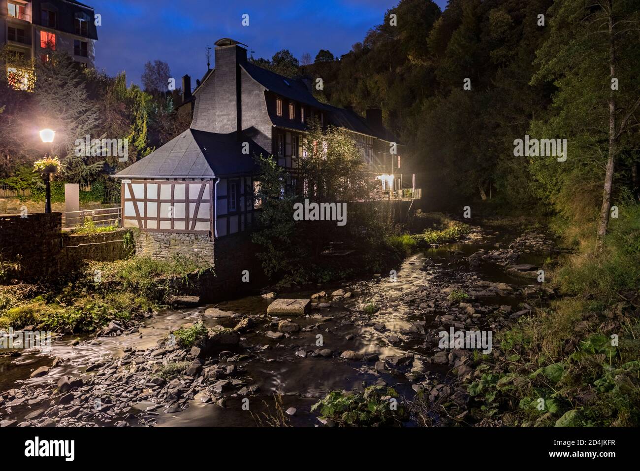 Half-timbered house on the Rur in Monschau Stock Photo