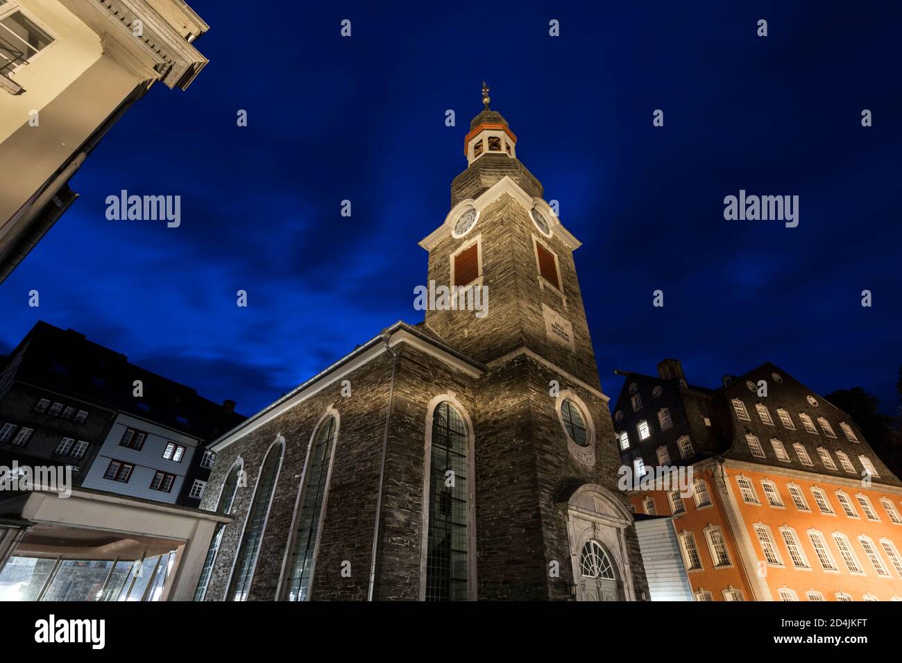 Historic old town Monschau, Red House and Evangelical City Church Stock Photo