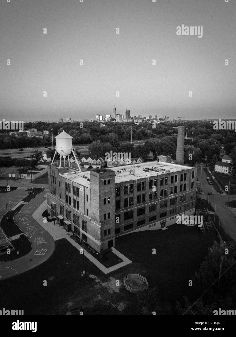 cleveland ohio skyline with warehouse at sunset Stock Photo