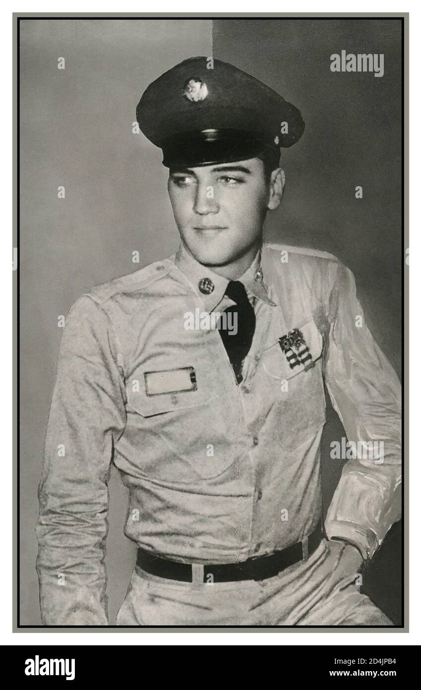 Elvis Presley 1950's in military army uniform official press release photo  during his service with the US Army while stationed in Germany. 1950's  Stock Photo - Alamy