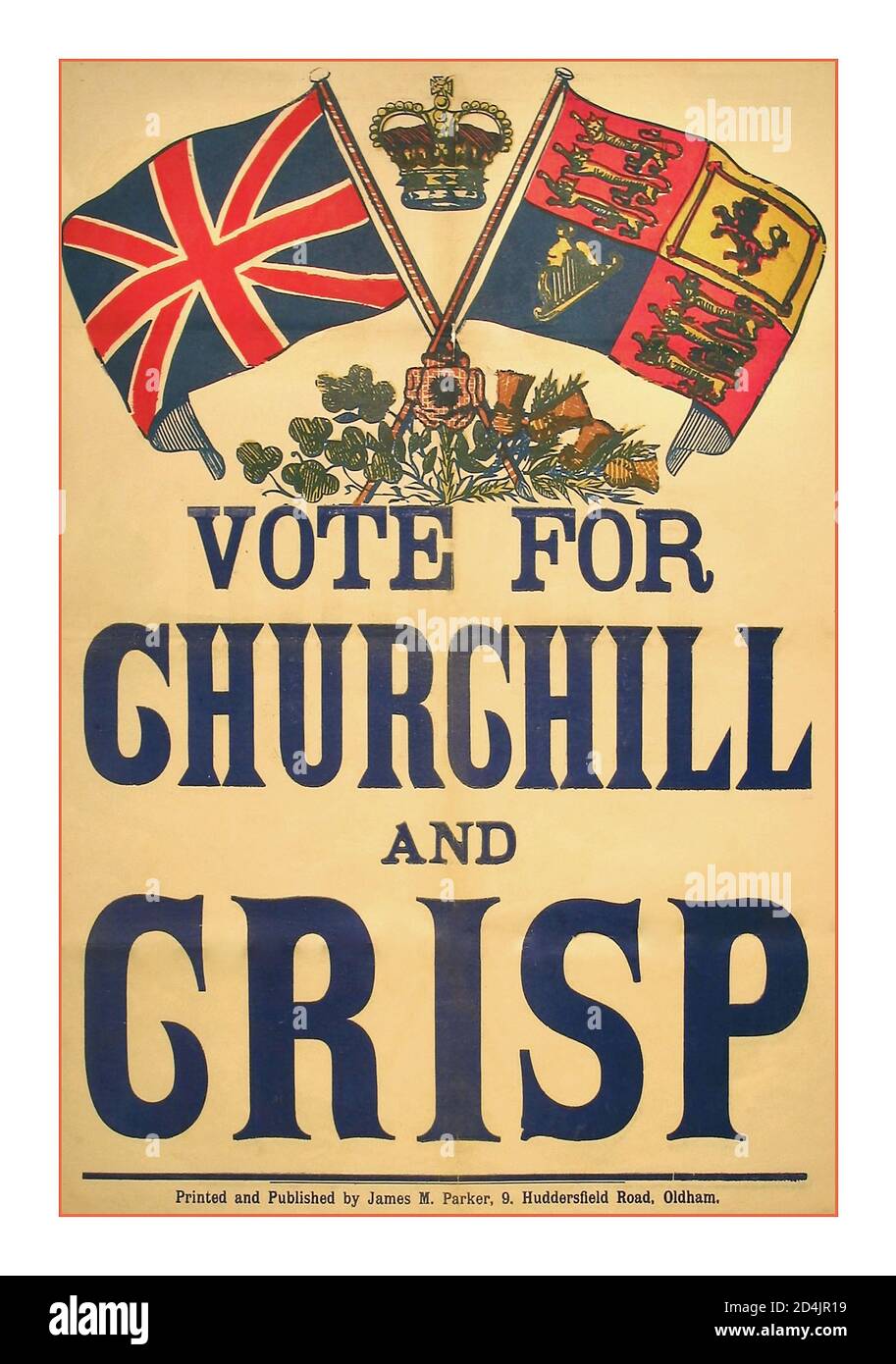 1900 Oldham UK election poster for Churchill and Crisp -  Election Poster – Winston Churchill political poster urging votes for 'Churchill and Crisp' the polling of 1900 had become known as the Khaki Election because it was conducted against the backdrop of apparent British success in the Boer War. This put the Conservative Government in a strong position and allowed Churchill to exploit his South African experiences to the full. The Oldham result declared on 1 October  voters had given Churchill their second vote to get him elected as the town’s second MP. His career in politics had started Stock Photo