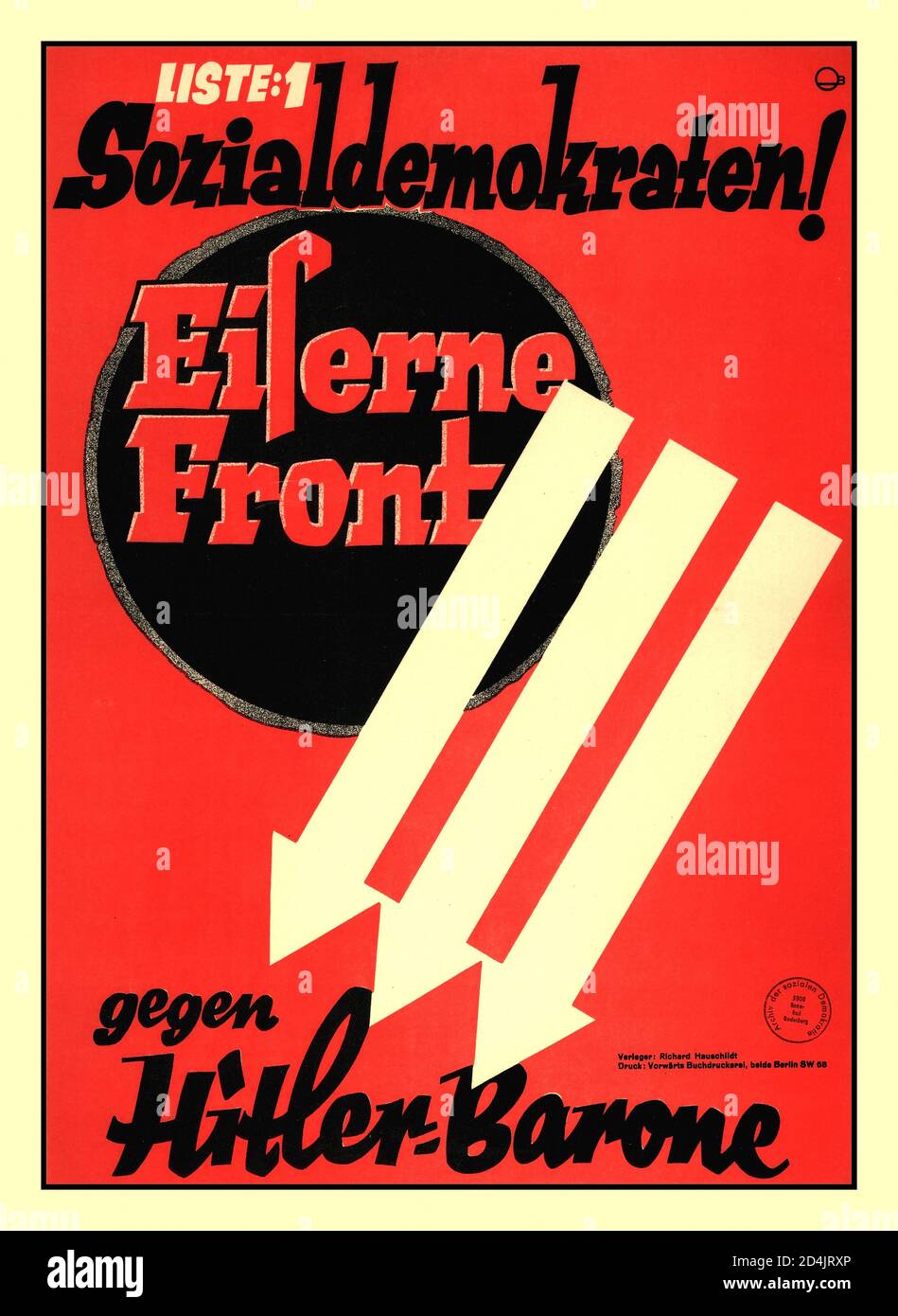 Archive Nazi Election poster of the SPD for the German Reichstag election of November 6, 1932  Eiserne Front 1932  Hitler Versus Barone Federal elections were held in Germany on 6 November 1932. The Nazi Party saw its vote share fall by four percent, while there were slight increases for the Communist Party of Germany and the national conservative German National People's Party. The results were a great disappointment for the Nazis, who lost 34 seats and failed to form a coalition government in the Reichstag. Stock Photo