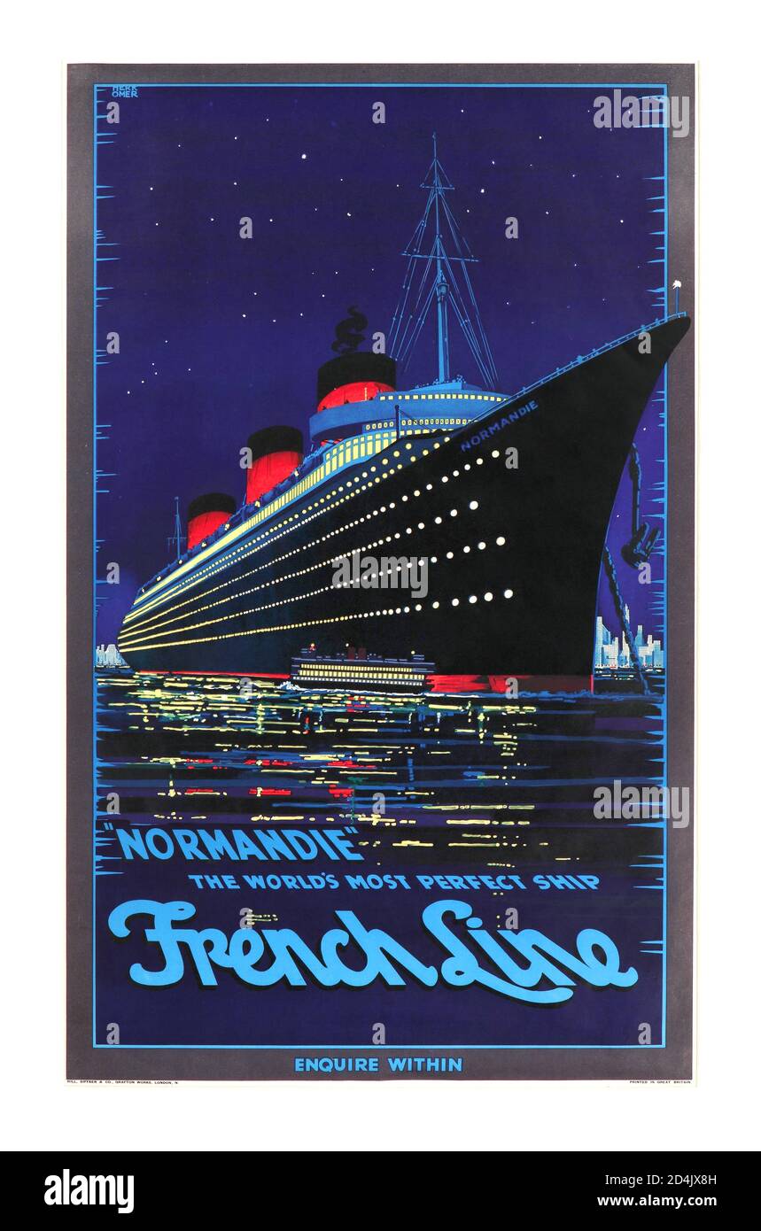Vintage 1930’s French Line Steamship Cruise Ocean Liner Advertising  Poster by Artist Hubert Herkomer NORMANDIE French Line 1939 ‘ The worlds most perfect ship ‘ Stock Photo