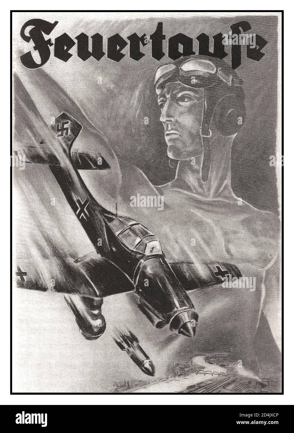NAZI STUKA DIVE BOMBER WW2 'Feuertaufe' Nazi Luftwaffe Recruitment Propaganda Poster 'Baptism of Fire' featuring a Ju-87 Stuka dive bomber with Swastika tail fin. Hitler's infamous blitzkrieg. Second World War World War II. Baptism of Fire - The Propaganda film by the same name from the deployment of our Stuka air force in the Polish campaign 1940 Stock Photo