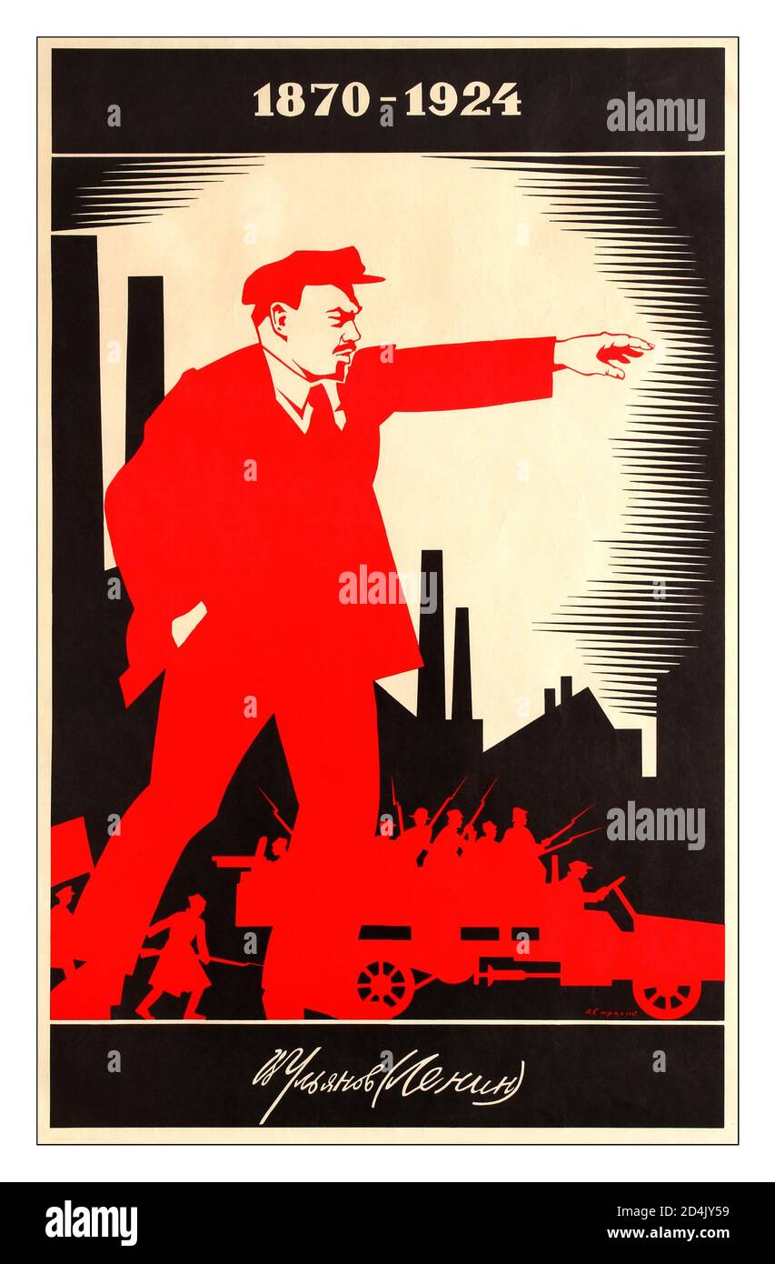 LENIN Vintage Soviet 1937 poster from official government series of poster designs. Soviet propaganda poster Lenin 1870-1924 VLADIMIR LENIN (1870-1924). Vladimir Ilich Ulyanov, known as Lenin. Russian Communist leader. Soviet lithograph poster, 1924, by Adolf Strakhov, commemorating the death of Lenin a red illustration of Lenin pointing with soldiers on a military vehicle in the background.  Russia, artist designer: A. Strakhov, Stock Photo