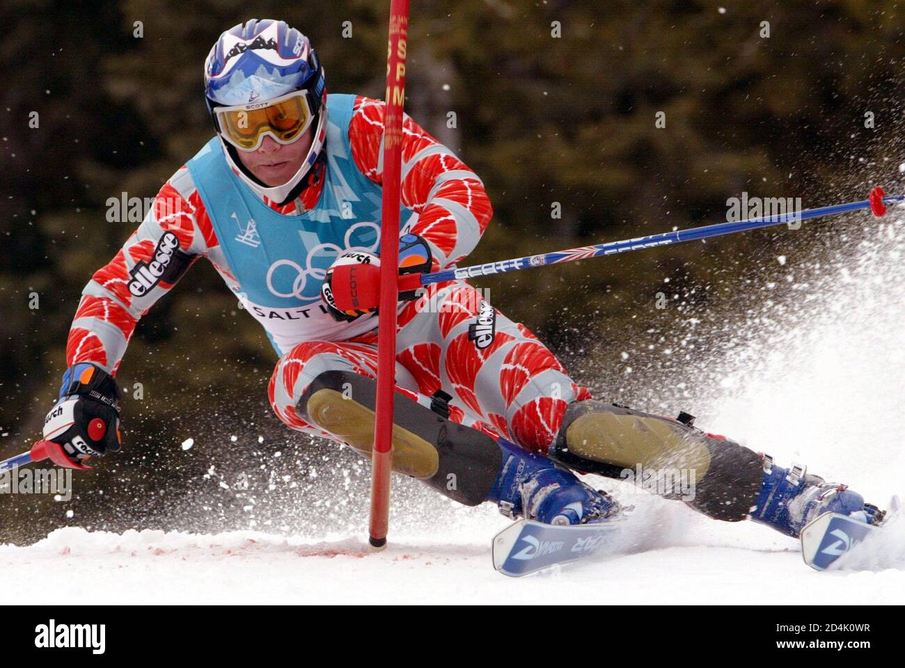 Jean-Pierre Vidal of France skis the second run of the men's slalom at the  Salt Lake City 2002 Winter Olympic Games, in Deer Valley February 23, 2002.  Vidal won Olympic gold in