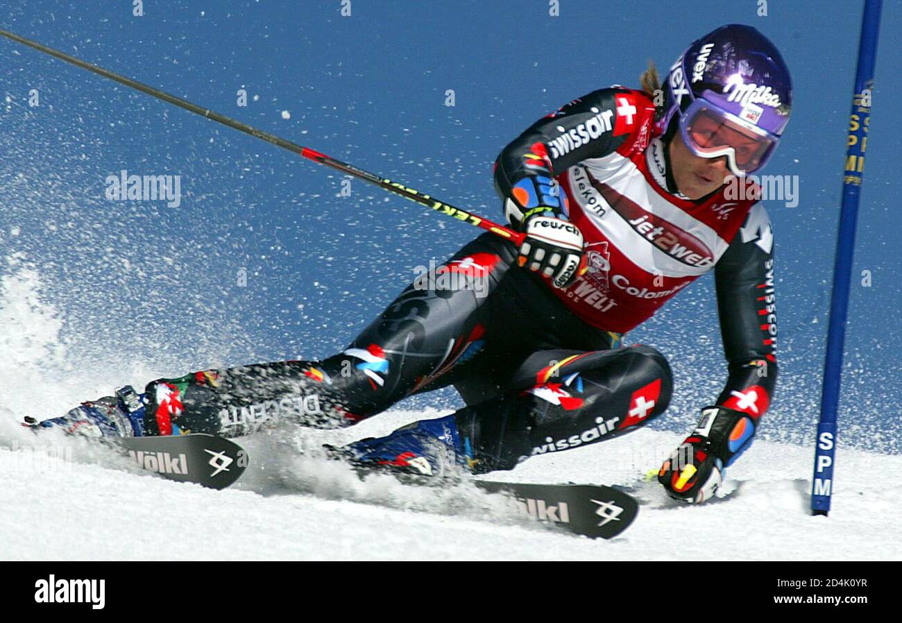 Sonja Nef of Switzerland passes a gate during the last giant slalom of the  season at the Alpine Skiing World Cup finals in Flachau on March 9, 2002.  Nef leads the giant