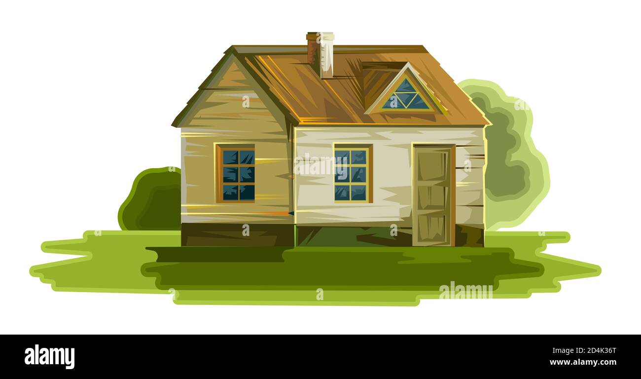 Old house vector. Isolated on a white background. Still a little cozy and  cute, but shabby the walls, the door. Window. Rural countryside landscape.  A Stock Photo - Alamy