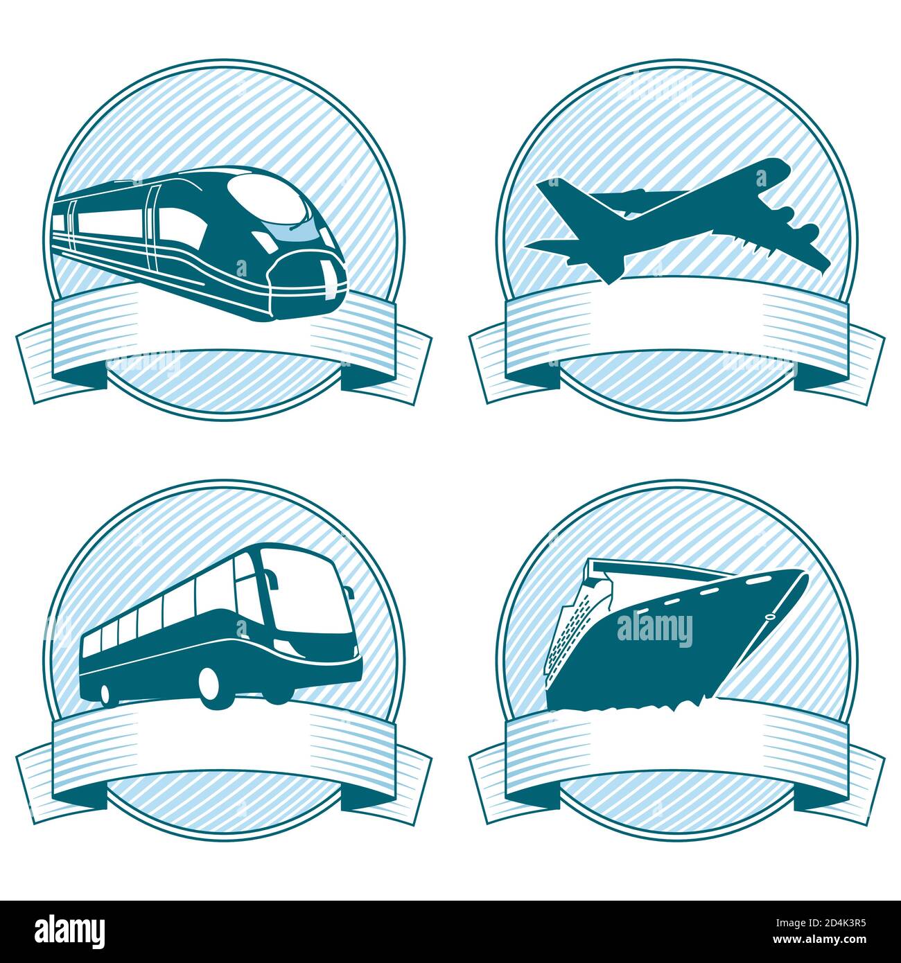 Travel by bus, train, plane and cruise ship, label - vector illustration Stock Vector