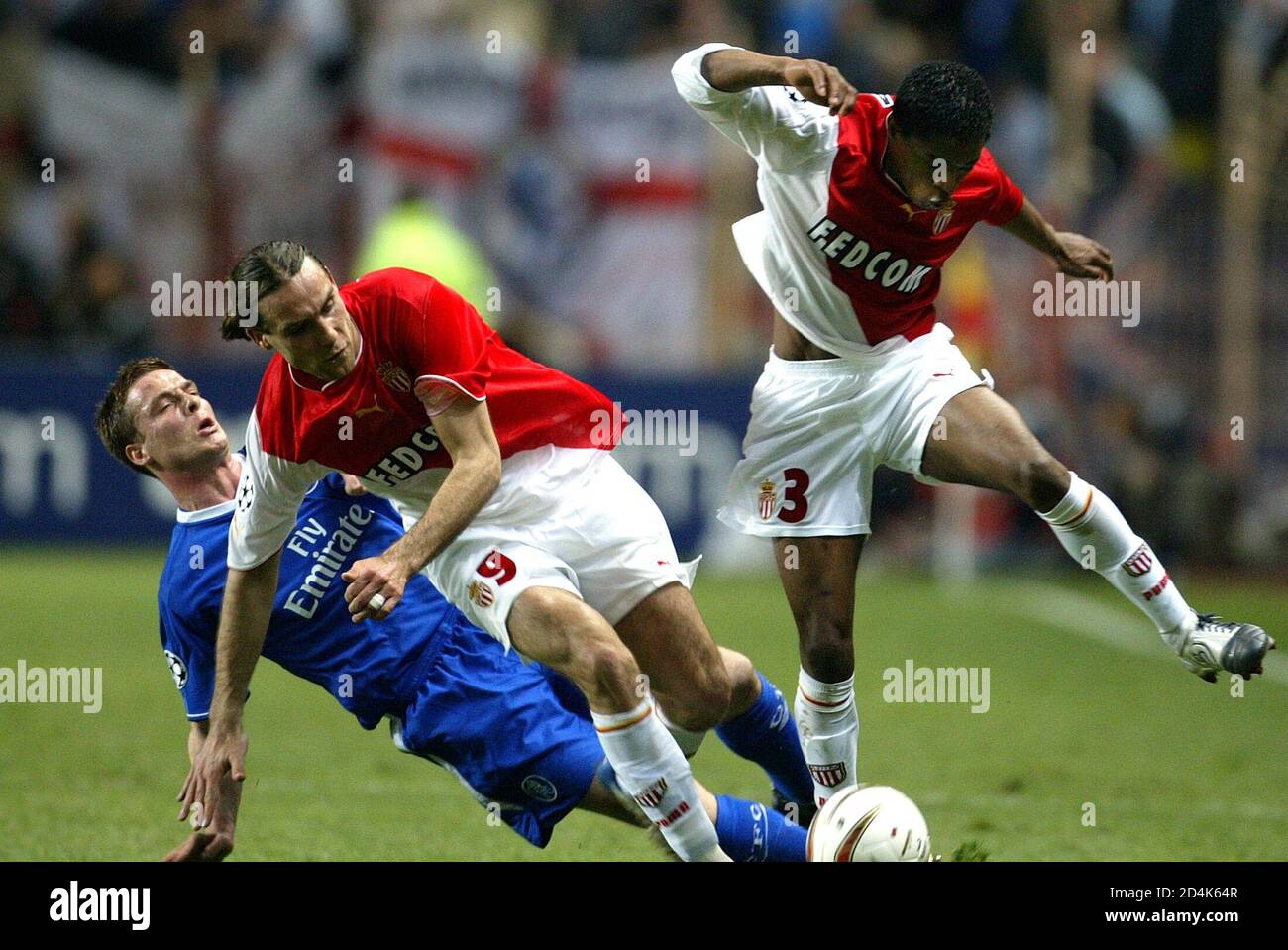 MONACO'S DADO PRSO AND PATRICE EVRA FIGHTS FOR THE BALL WITH CHELSEA'S JOHN  TERRY DURING THEIR CHAMPIONS LEAGUE SEMI-FINAL FIRST LEG SOCCER MATCH.  Monaco's Dado Prso (C) and Patrice Evra fights for