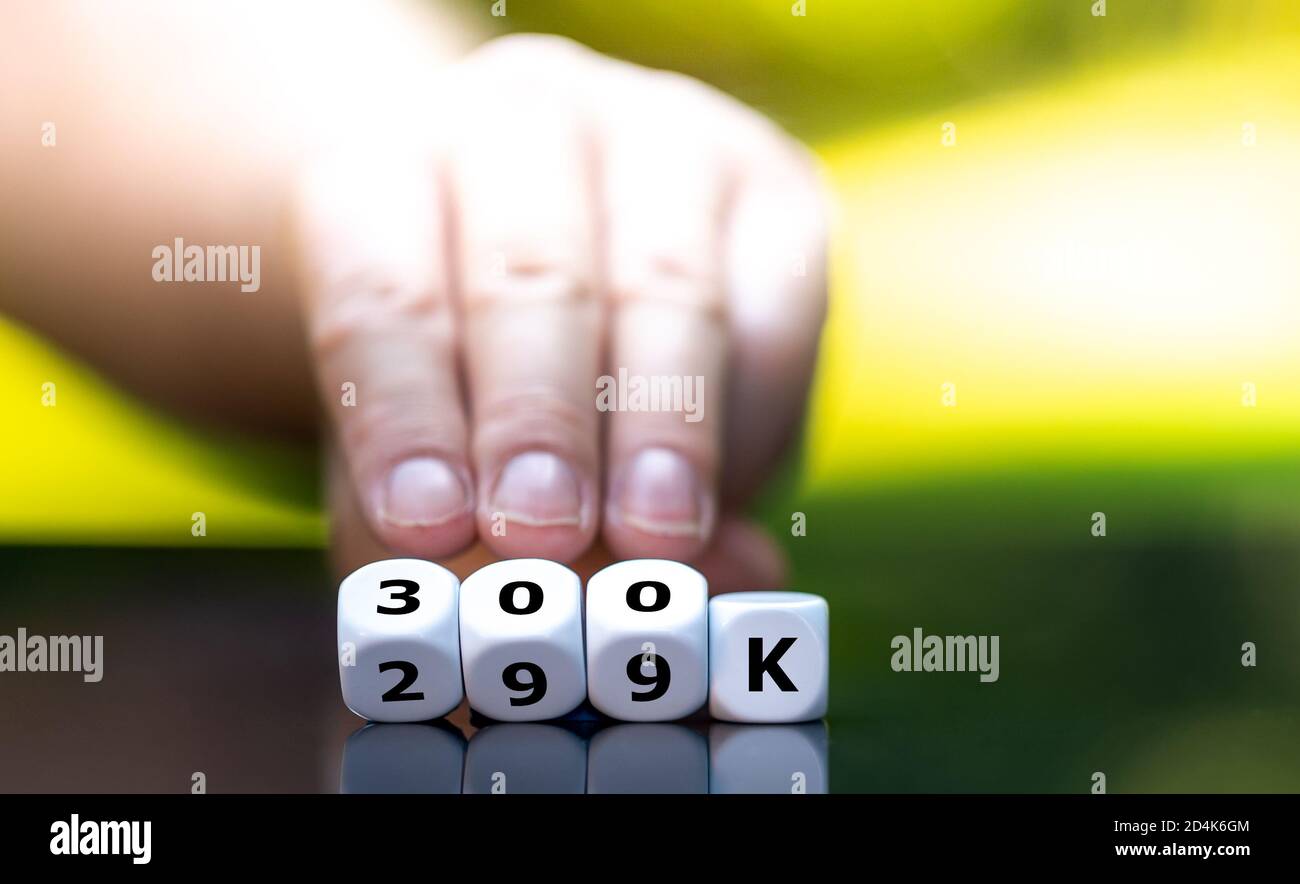 Corona virus death toll prediction. Hand turns dice and changes the number '299 K' to '300 K' (300 thousand). Stock Photo
