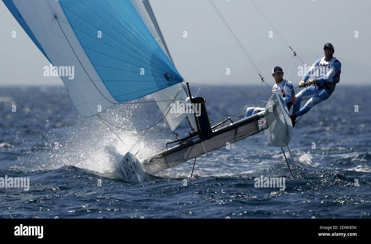 Argentina S Santiago Lange And Carlos Espinola Sailing In The Open Tornado Approach Mark In Fifth Race Of Athens 2004 Olympic Games Regatta Argentina S Santiago Lange L And Carlos Espinola Sailing In The